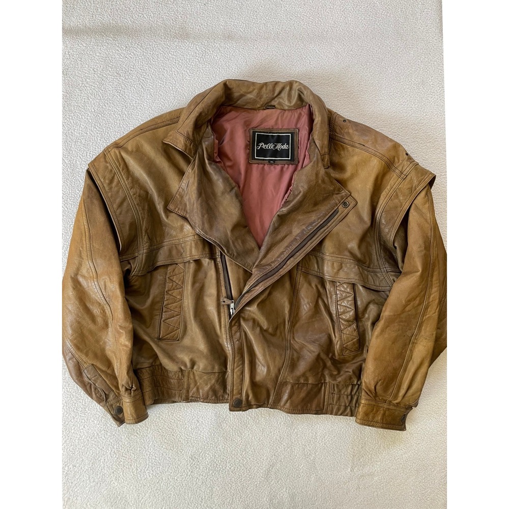 80s Pelle Moda Mens XL Bomber Jacket Brown Genuine Leather Vintage Made in Korea